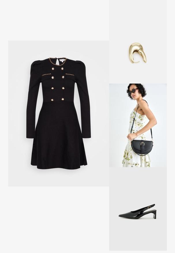 Schwarzes Kleid mit langen Ärmeln, dekorativer goldener Kette am Ausschnitt, doppelt geknöpfte Vorderseite mit mit Stoff überzogenen Knöpfen und tailliertem Schnitt.; Schwarzer Lackleder Slingback-High-Heel-Schuh mit spitzer Zehe, rechteckigem Blockabsatz und goldfarbenen Hardware-Akzenten.; Schwarze Lederhandtasche mit geschwungener Form, abnehmbarem Tragegurt und goldenen Beschlägen. Die Tasche verfügt über einen Deckel mit einer Schnallen-Details.; Ohrringe aus goldfarbenem Metall mit einem schlanken, geschwungenen Design. Sie verfügen über eine markante, spitze Form, eine polierte Oberfläche und einen Scharnierverschluss.