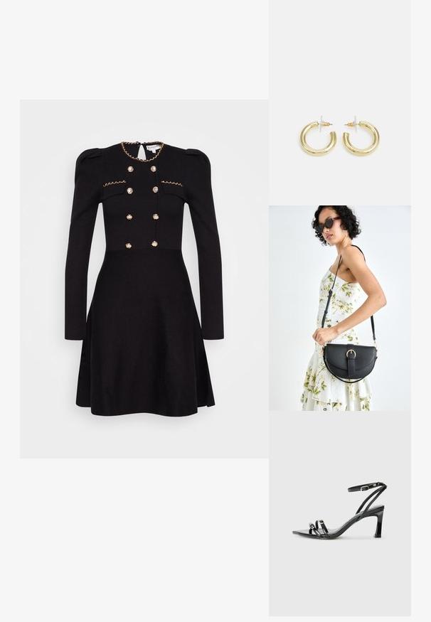 Vestido preto com mangas longas, corrente dourada decorativa no decote, frente duplamente abotoada com botões forrados em tecido e cintura ajustada.; Replay ANAIS - Sandálias de salto alto - black; Bolsa de couro preta com forma curva, alça destacável e detalhes em dourado. A bolsa possui uma aba com detalhe de fivela.; Brincos em argola dourados com um acabamento liso e brilhante. Design circular com um pequeno pino e suporte transparente para um uso seguro.