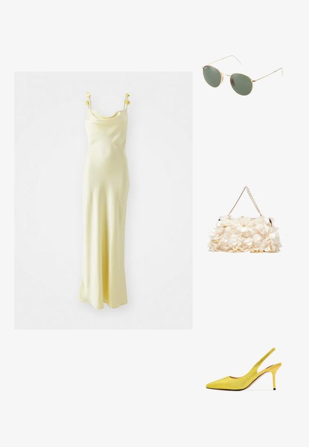 Gina Tricot - Suknia balowa; Żółta szpilka typu slingback z wydłużonym noskiem, pokryta drobnymi cyrkoniami. Posiada smukły obcas oraz miękką wyściółkę wewnętrzną.; Okulary przeciwsłoneczne w złotej metalowej oprawie z zielonymi soczewkami, o okrągłym kształcie, cienkich zausznikach i białych plastikowych akcentach na końcach ramion.; Biała torebka kwiatowa z marszczoną powierzchnią z tkaniny, złotą łańcuszkową rączką i metalowym zapięciem. Posiada teksturowane płatki jako dodatkowy detal.
