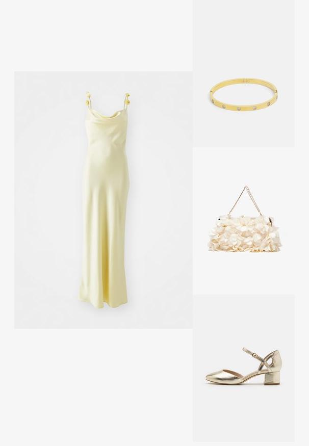 Gina Tricot COWL NECK DRESS - Oblečenie na špeciálnu príležitosť - light yellow; Zlaté metalické topánky na podpätku s okrúhlou špičkou, remienkom okolo členku a blokovým podpätkom. Hladká textúra s lesklým povrchom a krížovým dizajnom remienkov.; Biela kvetinová taška s nariaseným textilným povrchom, zlatým reťazovým popruhom a kovovým zámkom. Obsahuje textúrované okvetné lístky pre väčší detail.; Zlatý náramok má hladký, elegantný dizajn s piatimi jasnými rhinestonmi rovnomerne rozmiestnenými pozdĺž pásu. Vnútorné gravírované logo.