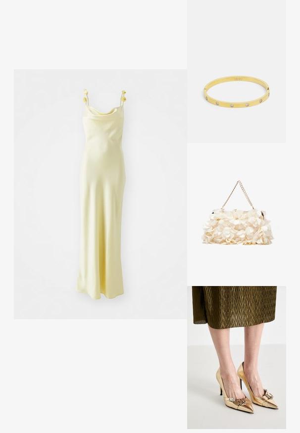 Gina Tricot COWL NECK DRESS - Pidulikud riided - light yellow; Kuldne kõrged kontsad terava varbaga, metallikviimistlusega, dekoratiivse pandlaga ees ja edasi kitsenevate stilettokontsadega.; Valge lilleline käekott, millel on volditud kangapind, kuldne ahelakott ja metallist klamber. Omab tekstureeritud kroonlehti, mis lisab detailidele sügavust.; Kuldne käevõru omab sileda ja stiilse disaini, millel on viit selget kristalli ühtlaselt jaotatud üle riba. Graveeritud logo sees.