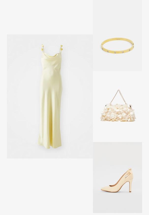 Gina Tricot COWL NECK DRESS - Ballkjole - light yellow; Beige høyhælte sko med spiss tå, glatt imitert lær øvre, utskjæringsdesign og sløyfe aksent ved ankelen.; Hvit blomsterhåndveske med en samlet stoffoverflate, gullfarget kjedehank og metallklips. Har teksturerte kronblader for ekstra detalj.; Gullbanglearmbåndet har en glatt, stilren design med fem klare rhinestones jevnt fordelt langs båndet. Inngravert logo inni.