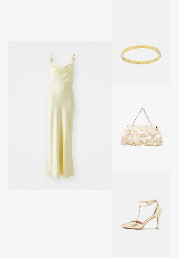 Gina Tricot COWL NECK DRESS - Oblečenie na špeciálnu príležitosť - light yellow; Zlaté metalické lodičky na vysokom opätku s špicatou špičkou, členkovým remienkom a dekoratívnym reťazovým detailom. Hladká textúra s lesklým povrchom.; Biela kvetinová taška s nariaseným textilným povrchom, zlatým reťazovým popruhom a kovovým zámkom. Obsahuje textúrované okvetné lístky pre väčší detail.; Zlatý náramok má hladký, elegantný dizajn s piatimi jasnými rhinestonmi rovnomerne rozmiestnenými pozdĺž pásu. Vnútorné gravírované logo.