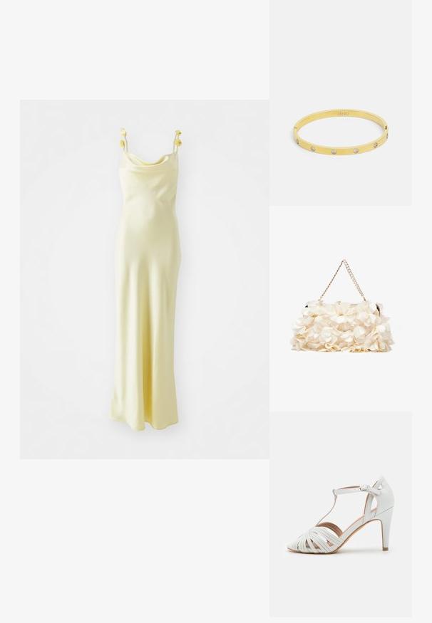 Gina Tricot COWL NECK DRESS - Proginė apranga - light yellow; Baltos aukštakulnės šlepetės su kryžminėmis juostelėmis, T formos dizainu, lygiu paviršiumi ir smailiu kojų dalimi. Pasižymi štai plona kulniuku ir sagtimi.; Balta gėlių rankinė su susiraukšlėjusia audinio paviršiumi, auksinės spalvos grandinėlės dirželiu ir metaliniu uždarymu. Papuošta tekstūruotomis žiedlapėmis, pridėjančiomis detalių.; Aukso apyrankė turi lygiapusišką, elegantišką dizainą su penkiomis skaidriomis cirkonio akmenimis tolygiai išdėstytais ant juostos. Viduje išgraviruotas logotipas.