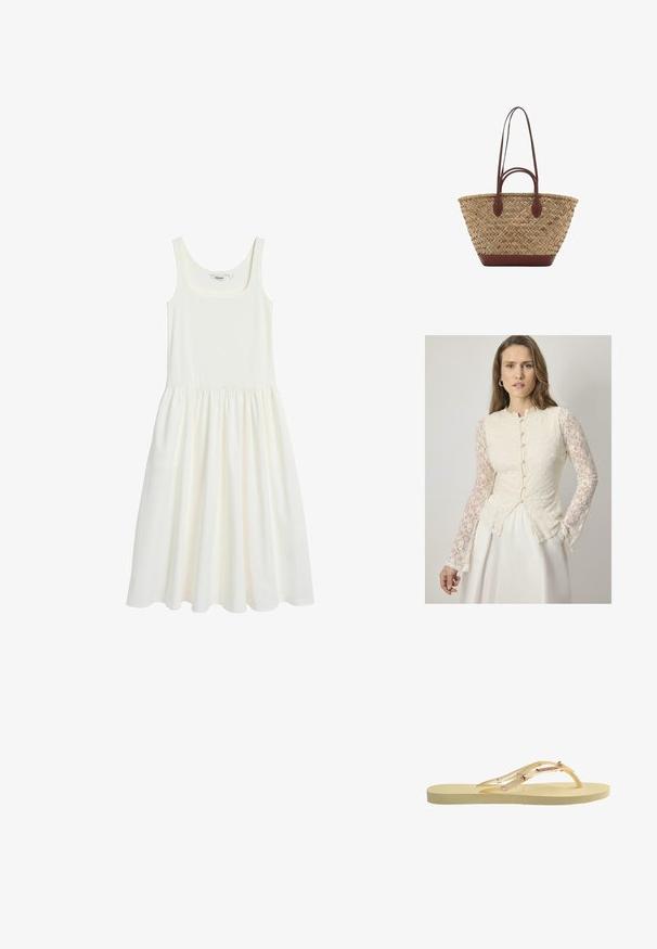 Vit ärmlös klänning som är gjord av mjukt, lätt material. Har en fyrkantig halsringning och en plisserad kjol, vilket ger en avslappnad passform.; Krämfärgad spetsblus med långa, genomskinliga spetsärmar, rund halsringning och knapprad framtill. Utställd silhuett.; Gul flip-flop med en texturerad sula, genomskinliga remmar med pärl- och stjärndetaljer, samt en slät, minimalistisk design.; Vävd halmstorpåse med flätad textur, mörkbruna läderhandtag och botten, vid cirkulär form och öppen design.