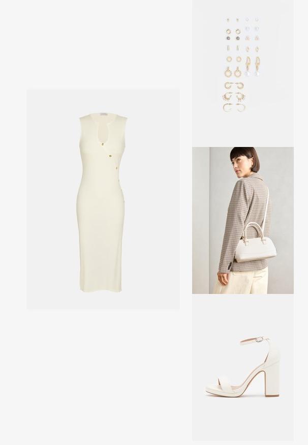 Langes, figurbetontes ärmelloses Kleid aus leichtem, elfenbeinfarbenem Rippstoff. Mit Rundhalsausschnitt und seitlichen Knöpfen in goldenen Akzenten.; Weiße High-Heel-Sandale mit Knöchelriemen, minimalistisches Design, offene Zehen, Blockabsatz und glattes Lederfinish.; Weiße strukturierte Handtasche mit kurzen Griffen und einem Schultergurt, ausgestattet mit goldfarbenen Hardware-Elementen und strukturiertem Material, vor einem grauen Hintergrund präsentiert.; Goldfarbene Ohrringe in verschiedenen Designs, darunter Stecker, Creolen und hängende Modelle mit Perlen und Strass.