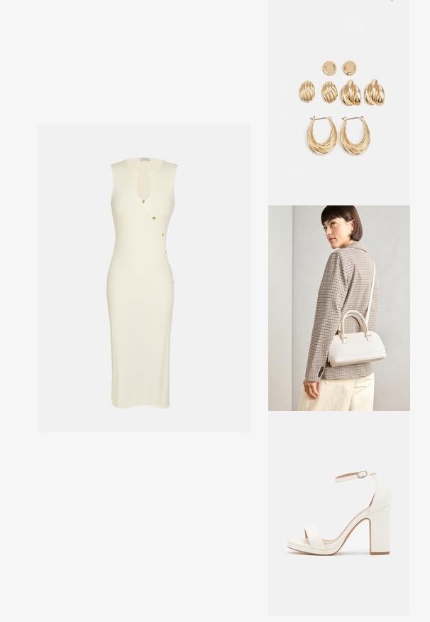 Langes, figurbetontes ärmelloses Kleid aus leichtem, elfenbeinfarbenem Rippstoff. Mit Rundhalsausschnitt und seitlichen Knöpfen in goldenen Akzenten.; Weiße High-Heel-Sandale mit Knöchelriemen, minimalistisches Design, offene Zehen, Blockabsatz und glattes Lederfinish.; Weiße strukturierte Handtasche mit kurzen Griffen und einem Schultergurt, ausgestattet mit goldfarbenen Hardware-Elementen und strukturiertem Material, vor einem grauen Hintergrund präsentiert.; Goldfarbene Ohrringe, bestehend aus drei Paaren: strukturierte ovale Stecker, ohrringe mit gewelltem Design und große Creolen mit geschichteten Rillen.