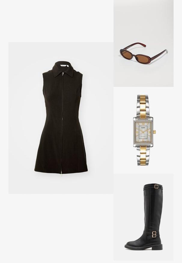 Musthave mustrask, millel on kaelariba ja esine tõmblukk, valmistatud siledast kangast, sobituv siluett ja laienev alläär.; Sile musta nahast kaakremini saapad, millel on ümar varvas, jäme konts ja kaks kuldse pannaliga aksessuari pahkluu rihmal.; Ümar, pruunikased päikeseprillid läikiva burgundia raami ja peente kaubamärgi detailidega. Peened sangad ja lame läätsedesain.; Casio kvartsikell, millel on ristkülikuline hõbedane kellanägu, kuldsed aktsendid ja kahevärviline metallrihm, mis on hõbedast ja kullast. Veekindel omadus.