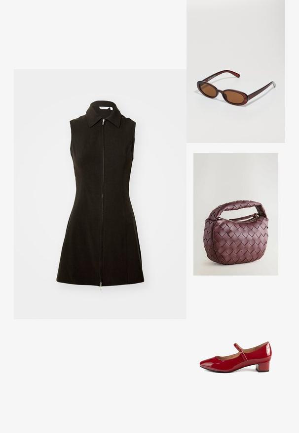 Fekete, ujjatlan ruha, melynek galléros dekoltázsa és elülső cipzáras záródása van, sima anyagból készült, fitted sziluettjével és bővülő szegélyével.; Piros lakkbőr Mary Jane cipő lekerekített orral, alacsony blokk sarkú, állítható pánttal, amelyen egy kis csat részlet található.; Kerek, barna árnyalatú napszemüveg fényes burgundi kerettel. Karcsú karok diszkrét márkázással. Lapos lencse kialakítás.; Szövetelt bordó bőr kézi táska, kerekded formával, vastag fogantyúval és cipzáras nyitással. Simaságot és összefonódott mintázatot mutat.