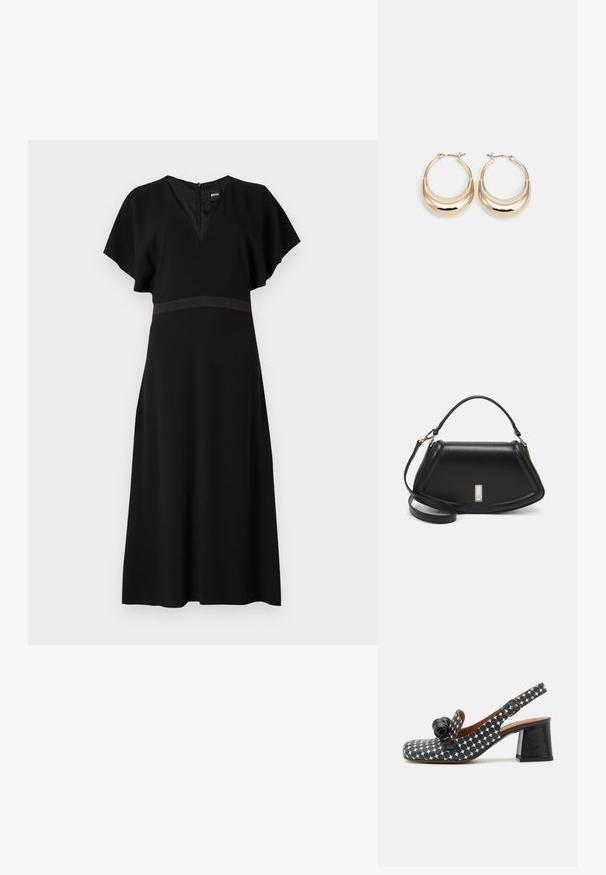 Schwarzes Kleid mit V-Ausschnitt, kurzen, schwingenden Ärmeln und einem kontrastierenden horizontalen Band in der Taille. Aus einem glatten, fließenden Stoff gefertigt.; Slingback-Schuh mit Punktenmuster in Schwarz und Weiß, ausgestattet mit einem klobigen schwarzen Absatz und einem dekorativen schwarzen Akzent an der Vorderseite.; Schwarze Lederhandtasche mit einem strukturierten Design, das eine verkürzte Form, einen oberen Griff und goldfarbene Hardware-Details aufweist. Verstellbarer Schulterriemen ist enthalten.; Goldfarbene Creolen mit einer Halbmondform, polierter Oberfläche und Scharnierverschluss. Die glatte Textur und der reflektierende Finish verbessern die Sichtbarkeit.