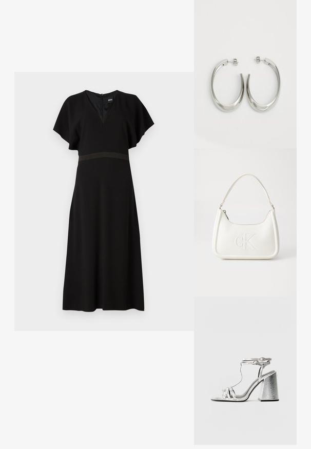 Melnā kleita ar V veida kaklu, īsām plandošām piedurknēm un kontrastējošu horizontālu joslu jostasvietā. Izgatavota no gludas, plūstošas auduma.; Sudraba papēžu sandales ar blokveida papēdi, kas aprīkotas ar plānām siksniņām un potītes sprādzi. Materiāls ir ar metāliski spīdīgu apdari un fakturētu izskatu.; Balta ādas rokassoma ar noapaļotu formu, uz kuras priekšpuses ir izgriezts "CK" logo un viena plecu siksna. Augšā aizverama ar rāvējslēdzēju.; Sudraba riņķveida auskari ar gludu, izliekta dizaina formu. Iezīmējas ar spīdīgu metāla apdari un pievienojamu aizdari. Nav redzamu rakstu vai akcentu.
