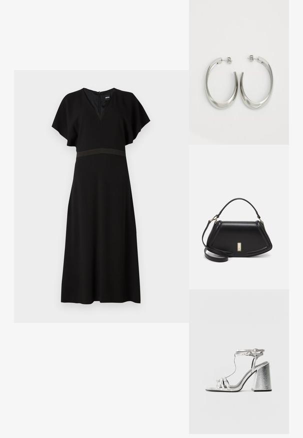 Black dress with a V-neck, short flutter sleeves, and a contrasting horizontal band at the waist. Made from a smooth, draping fabric.; Silver heeled sandal with a block heel, featuring thin straps and an ankle buckle. The material has a metallic finish with a textured appearance.; Black leather handbag with a structured design, featuring a cropped shape, top handle, and gold hardware accent. Adjustable shoulder strap included.; Silver hoop earrings with a smooth, curved design. Features a shiny metallic finish and stud closure. No visible patterns or accents.