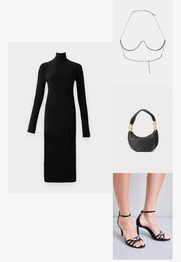 Robe noire à manches longues avec un col haut et une texture côtelée, présentant une silhouette droite et une longueur au genou.; Zadig & Voltaire AMEE WING EMBOSSED IGUANA - Sandales à talons hauts - noir; Sac à main en cuir noir de forme ronde, texture douce, et avec une anse nouée ornée d'accents en matériel doré. Fermeture éclair.; Cult Gaia ASHA BODY JEWELRY - Autres accessoires - bright shiny silver-coloured