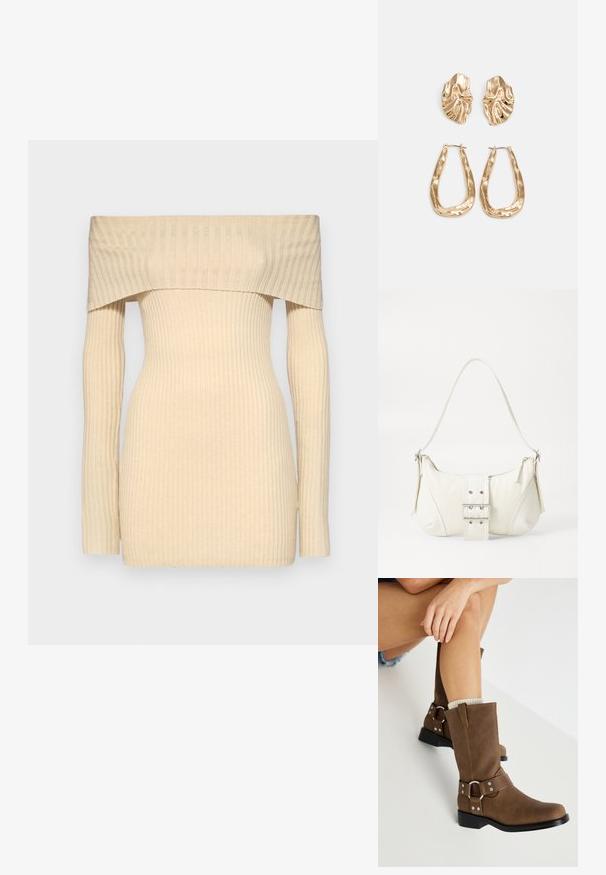 Off-the-shoulder ribbed sweater in light beige, fitted design with long sleeves, featuring a smooth texture and subtle vertical lines.; ONLY SHOES ONLBAX - Cowboy/Biker boots - brown; White shoulder bag with a textured finish, a central buckle accent, and a curved shape. Zipper closures on both sides.; Gold-tone earrings featuring textured, wavy shapes. Includes sculptural clip-on studs and open hoop design with a hammered finish.