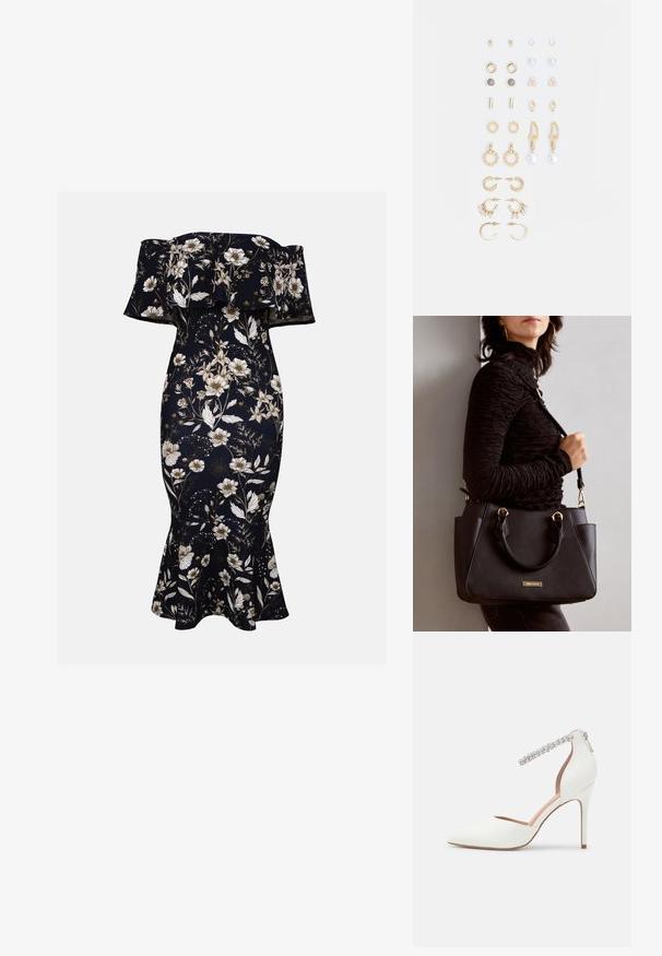 Sinist vööst maxi kleit tumesinisest kangast, millel on valged ja kuldsed lillemustrid. Kergelt istuv siluett ja laienev põhjaosa, valmistatud siledast ja venivast materjalist.; Valge kõrge kontsaga king, millel on terav nina disain, nahkmaterjal, reguleeritav pahkluu rihm, mis on kaunistatud rhinestone'idega, ja kitsas stilettokonts.; Musthave must kott, millel on tekstuurne pind, kaks ülemist käepidet ja reguleeritav õlarihm. Omab kuldse tooni riistu ja külgtaskuid.; Kullastusust kõrvarõngaste komplekt, mis sisaldab erinevaid disaine, sealhulgas nööpe, rõngaid ja riputatavaid tükke, millel on pärlid ja rhinestones.