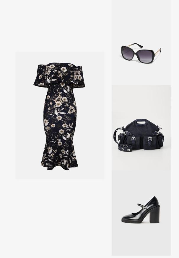 Duga haljina s otvorenim ramenima u tamnoplavoj boji s bijelim i zlatnim cvjetnim uzorkom. Prilagođeni silueta s raširenim rubom, izrađena od glatkog, rastezljivog materijala.; Crne lakirane cipele s visokom petom, okruglog prsta, remenom oko gležnja, detaljem srebrne kopče i debelom blok petom.; Crne prevelike sunčane naočale s gradijentnim lećama, debelim okvirom i zlatnim lancem kao detaljem na krakovima.; Tamno plava traper torba zaobljenog oblika, s višestrukim vanjskim džepovima, podesivim remenom i srebrnim hardverskim detaljima. Uključena je i ručka na vrhu.