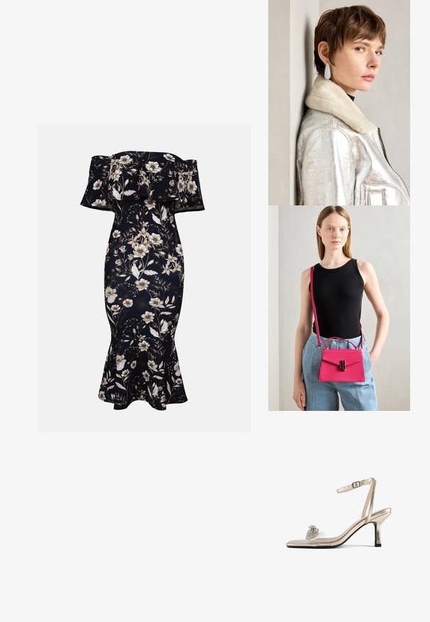 Maxi-jurk met open schouders in navy met een witte en gouden bloemenpatroon. Getailleerde pasvorm met uitlopende zoom, gemaakt van gladde, rekbare stof.; Heldere blockhak sandalen met een metaalachtige gouden band en een decoratieve strassversiering op de teen. Heeft een transparante bovenkant.; Roze gestructureerde handtas met een klepluiting en zwarte accenten. Gedragen als crossbody met een lange schouderband. Gladde textuur.; Zilveren metalen leren jas met een schapenwollen kraag, voorzien van een ritssluiting en een gestructureerd oppervlak. Grote druppelvormige oorbellen met heldere edelstenen.