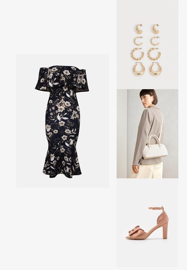 Off-shoulder maxikjole i marineblå med hvite og gull blomster mønster. Tettsittende silhuett med blaffende kant, laget av glatt, elastisk stoff.; Høye hælsandaler i myk rosa sateng med en stor sløyfe foran. Har ankelreim og en glatt, blank overflate.; Hvit strukturert håndveske med korte håndtak og skulderreim, med detaljer i gullfinish og teksturert materiale, vist mot en grå bakgrunn.; Sett med fem gulløredobber, med varierte design: vridde, ribbede og glatte overflater i både hoop- og halvmåneformer.