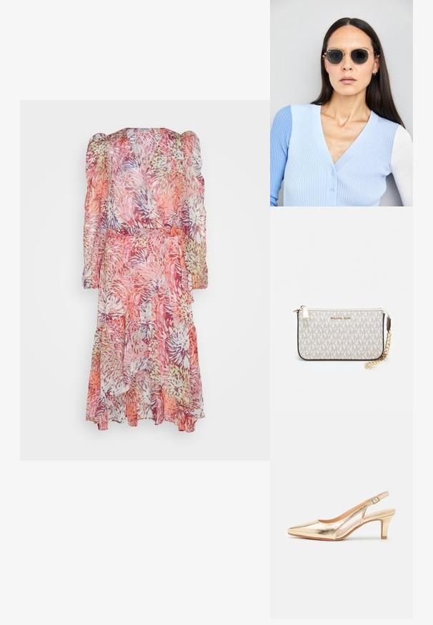 Rochie florală, transparentă, cu onuțe în nuanțe de roz, portocalie și lavandă; mâneci lungi, bufante, cu o margine volan și un cordon din material la talie.; Pantof cu toc înalt de aur metallic, cu vârf ascuțit, toc ușor și curea ajustabilă. Textură netedă, design elegant și părți laterale deschise.; Ochelari de soare rotunzi cu lentile întunecate și rame aurii. Modelul poartă un cardigan ribbed de culoare albastru deschis cu nasturi și mâneci albe în contrast.; Clutch Michael Kors din canva acoperit bej, cu un model repetitiv al logo-ului MK, accesorii din aur și o curea cu lanț detașabil.