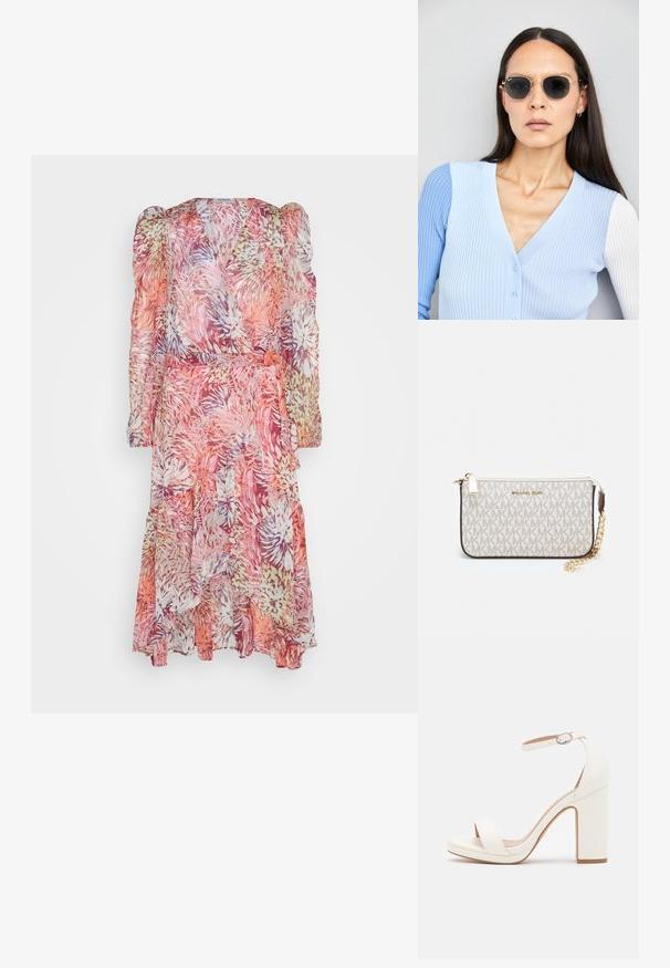 Lilleline, läbipaistev siidkleit roosa, oranži ja lavendli toonides; pikad puhvkevarrukad, pitsiline äär ja kangast vöö koht. ; Valged kõrge kontsaga sandaalid, millel on pahkluu rihm, minimalistlik disain, avatud varvas, plokknina ja sile nahk tekstuur.; Ringikujulised prillid tumedate läätsede ja kullast raamiga. Mudel on selga pannud helesinise soonikuga kardigani, millel on nupud ja kontrastsed valged varrukad.; Michael Korsi randmevõru beige kaetud kangast, millel on korduv MK logo muster, kuldne riistvara ja eemaldatav ahelistrap.