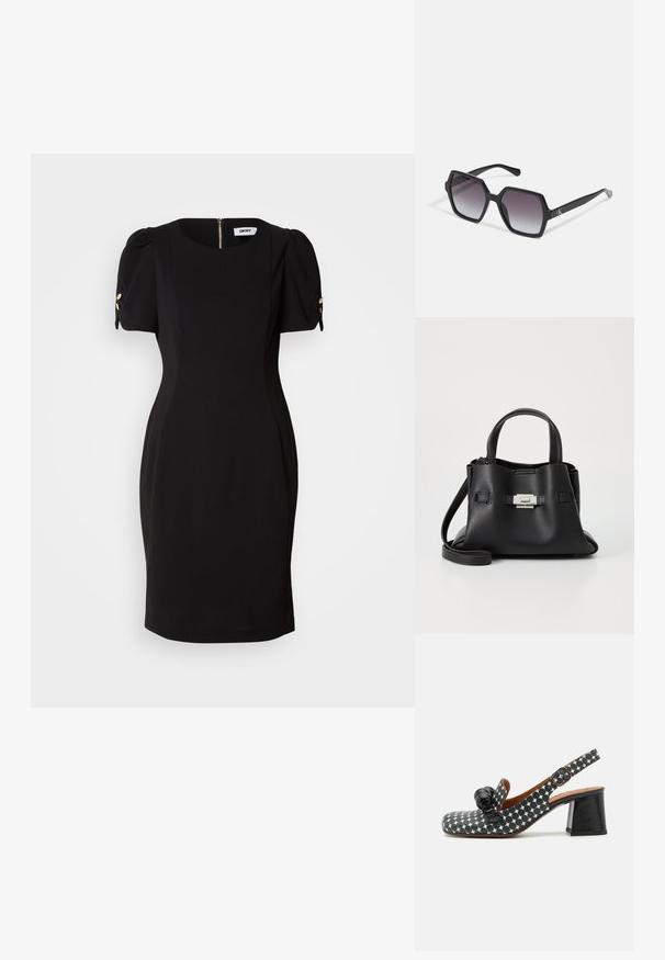 Svart kjole med en figursydd silhuett, korte pufferm og gull dekorative detaljer. Har en glidelås på baksiden og et glatt, strukturert stoff.; Slingback-sko med prikket mønster i svart og hvitt, med en kraftig svart hæl og en dekorativ svart detalj foran.; Svart sekskantede solbriller med gradientlinser, med en blank finish og subtil merkevareføring på stangen. Slitesterk plastkonstruksjon.; Svart skinnveske med teksturert overflate, som har to håndtak på toppen, en avtagbar skulderrem og detaljer med sølvspenne.