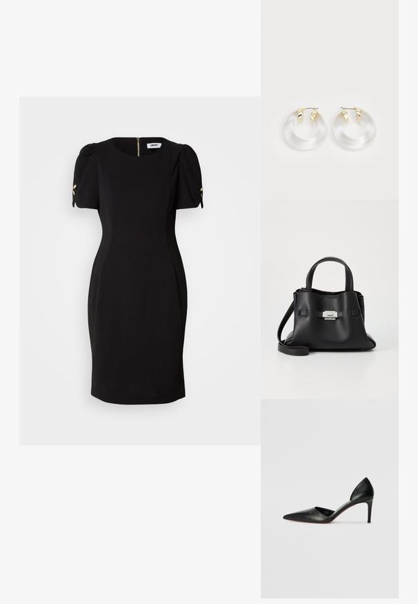 Black dress with a fitted silhouette, short puff sleeves, and gold decorative accents. Features a back zipper and a smooth, textured fabric.; Black leather high-heeled pumps with a pointed toe, open sides, and a sleek silhouette. Features a thin heel and red sole accent.; Black leather handbag with a textured finish, featuring two top handles, a detachable shoulder strap, and a silver clasp detail.; Clear acrylic hoop earrings with gold-tone metal accents and a polished finish. Features a smooth, circular design.