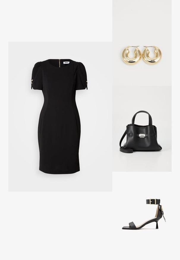 Crna haljina s prilagođenim siluetom, kratkim puff rukavima i zlatnim dekorativnim detaljima. Sadrži zatvarač na leđima i glatku, teksturiranu tkaninu.; Crne kožne sandale na petu sa kvadratnim vrhom, kaišem oko gležnja s zlatnom kopčom i uskom petom. Glatka tekstura, minimalistički dizajn.; Crna kožna torba s teksturiranim završnim obradom, koja ima dva gornja ručka, odvojivu naramenicu i detalj s srebrnim kopčanjem.; Zlatne kružne naušnice s glatkim, zaobljenim dizajnom i sjajnom površinom, s kopčom za učvršćivanje. Ugravirano s "DKNY."