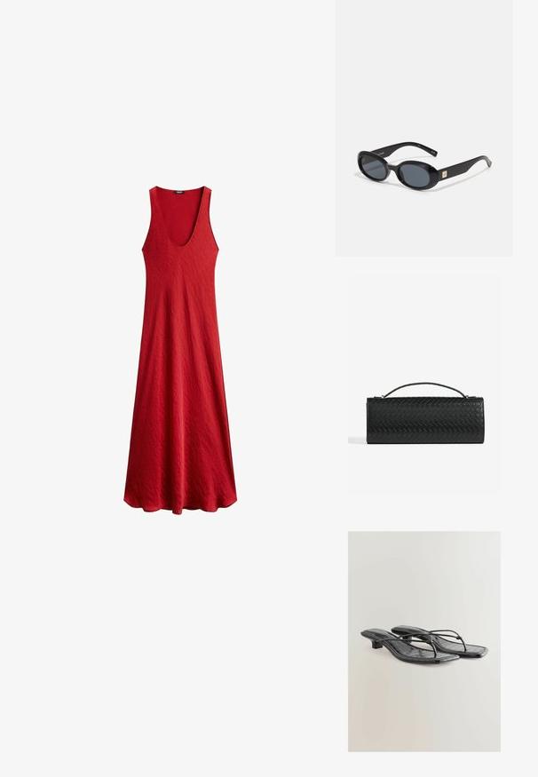Rotes ärmelloses Kleid mit tiefem V-Ausschnitt, aus strukturiertem Stoff. Fällt sanft von der Taille und schafft eine entspannte Silhouette.; Schwarze Sandalen aus Kunstleder mit Slingback, im Krokodil-Design, mit eckiger Zehenpartie und niedrigem Absatz. Mit dünnen Riemen, die die Sohle verbinden.; Schwarze ovale Sonnenbrillen mit dunklen Gläsern, glänzendem Kunststoffrahmen, breiten Bügeln und einem kleinen goldenen Akzent auf einer Seite.; Schwarze gewebte Leder-Clutch im rechteckigen Design, ausgestattet mit einem dünnen Griff und dezenten goldfarbenen Hardware-Details.; Schwarze Kordel-Halskette mit strukturierten grauen und weißen Perlen sowie einem großen schwarzen Quastanhänger am Boden. Verstellbare Länge.