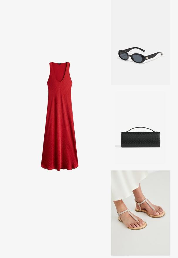 Abito rosso senza maniche con una profonda scollatura a V, realizzato in tessuto testurizzato. Fluisce delicatamente dalla vita, creando una silhouette rilassata.; Le sandali piatti presentano una leggera suola in pelle color beige chiaro con dettagli dorati. Le cinghie sono argentate con una finitura testurizzata, fissandosi alla caviglia.; Occhiali da sole ovali neri con lenti scure, montatura in plastica lucida, aste larghe e un piccolo accent in oro su un lato.; Clutch bag in pelle intrecciata nera con forma rettangolare, dotata di una maniglia sottile e discreti dettagli in oro.; Collana in corda nera con perle grigie e bianche texturizzate, dotata di un grande pendente in frangia nera nella parte inferiore. Lunghezza regolabile.
