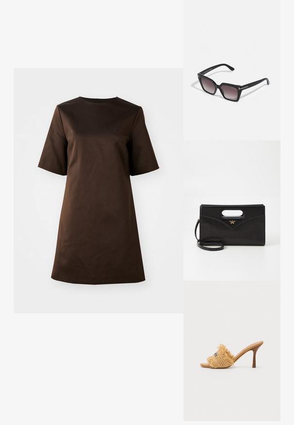 Pruun lühikeste varrukatega kleit ümmarguse kaelusega ja laia lõikega, valmistatud siledast kangast, millel on lihtne ja minimalistlik disain.; Kootud heinast kõrge kontsaga sandaalid pruunis, millel on fringed detailid ja sinised aktsendid, ümar avatud varvas ning kitsenev stiletto konts.; Mustad ümarad päikeseprillid geomeetrilise kujuga, gradient läätsed ja kuldsed aktsendid varrastel. Valmistatud vastupidavast plastmaterjalist.; Must mustus, millel on struktureeritud kuju, esi- ja ülemine käepide, sile nahk välispind ja tekstuuriga kangas triibumustri. Kuldne riistvara aktsent.