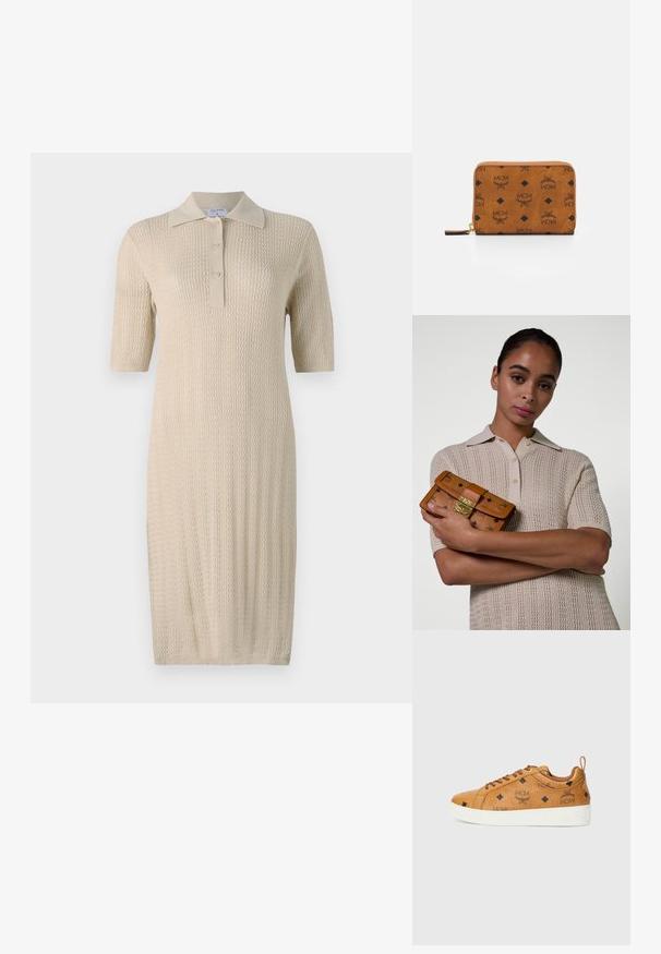 Neuleva valkoinen mekko lyhyillä hihoilla, polo-kauluksessa ja napituksessa. Mekossa on pystysuora, teksturoitu kuvio kankaassa.; Ruske nahkakengät valkoisilla kumipohjilla, joissa on mustia timanttikuvioita ja MCM-logot sivuilla. Mukana nauhat ja takana oleva lenkki.; Nainen, jolla on sileät taakse vedetyt hiukset, on pukeutunut beigeksi lyhythihaiseksi neulepolo-paitaan ja hän pitää käsissään vaaleanruskeaa kuvioitua nahkalaukkua, jossa on kultainen lukko ja ketju.; Ruskea nahkalompakko vetoketjulla, jossa on mustia MCM-logoja ja timanttikoristeita sileäpintaisella pinnalla.