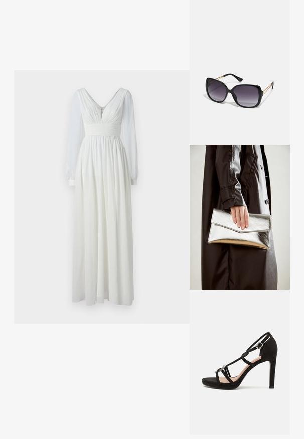 Langes weißes Kleid mit V-Ausschnitt, tailliertem Oberteil und fließendem Rock. Verfügt über lange, durchsichtige Ärmel und einen Reißverschluss im Rücken. Glatte Textur.; Schwarze Wildleder-Pappelsandalen mit überkreuzten Riemen, einem dekorativen silberfarbenen Akzent und einer Plateausohle für zusätzliche Höhe.; Schwarze übergroße Sonnenbrille mit getönten Gläsern, dicken Rahmen und goldfarbener Kettendetaillierung an den Bügeln.; Silberner metallischer Clutch mit einem eckigen Umschlagdesign, glatter Textur und kontrastierender Innenfarbe, gehalten in einer Hand, die einen schwarzen Mantel trägt.