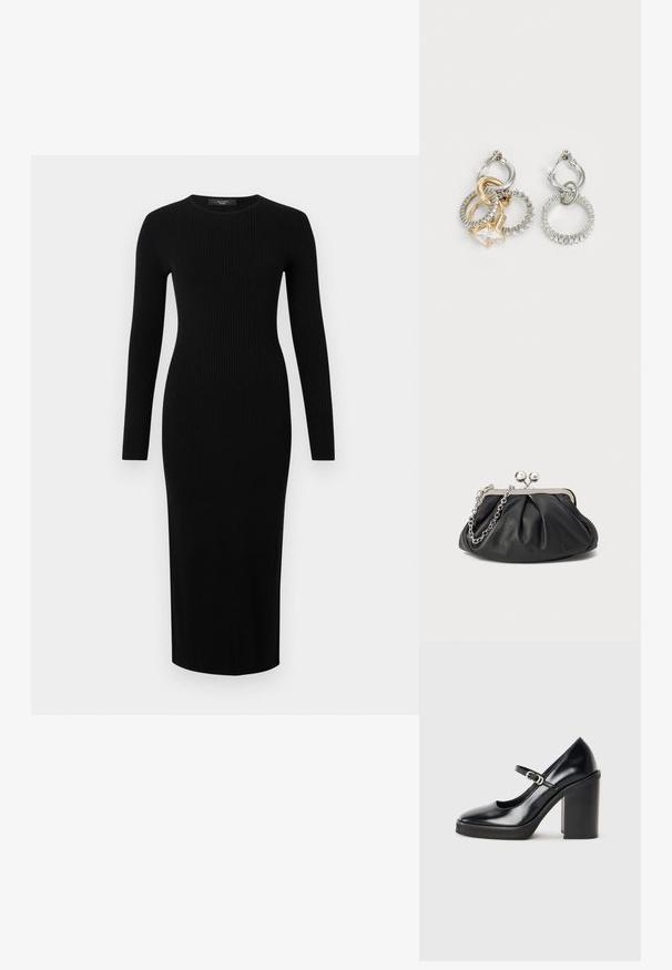 Black ribbed knit dress with long sleeves, round neckline, and a form-fitting silhouette, extending to mid-calf length.; Black patent leather high heel shoe with a round toe, ankle strap, silver buckle detail, and a chunky block heel.; Black leather clutch with gathered texture, silver-tone metal frame, kiss-lock closure, and chain strap. Smooth, soft surface.; Hoop earrings featuring intertwined gold and silver rings, with a clear cubic zirconia accent and a textured band on one ring.
