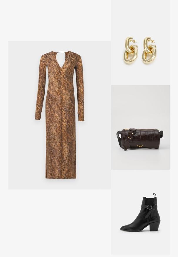 Long-sleeve dress with a V-neck and keyhole back, featuring a fur-like brown texture and pattern throughout the fabric.; Black leather ankle boot with pointed toe, block heel, and side buckle detail. Features smooth texture and a pull tab at the back.; Brown crocodile-embossed leather bag with a cylindrical shape, gold-tone hardware, and a detachable strap featuring studs.; Rabanne XL LINK  DOUBLE HOOP EARRINGS - Earrings - gold-coloured