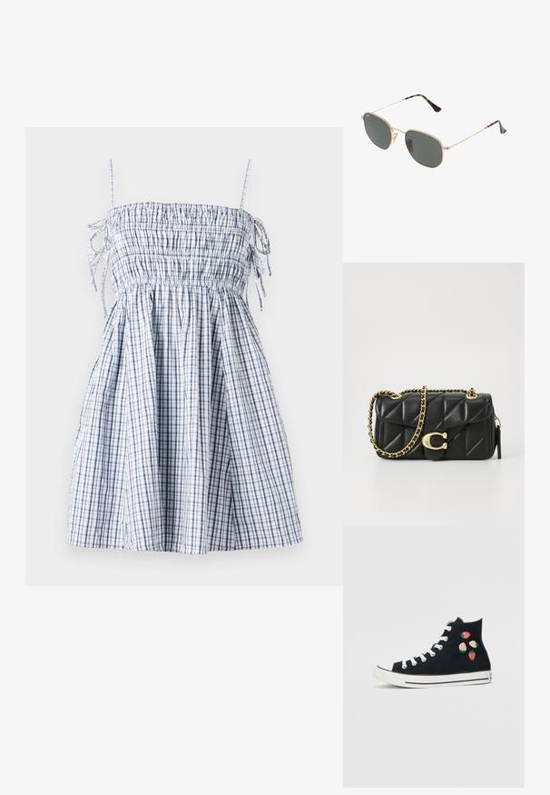 Vestido de xadrez azul e branco com corpete franzido, alças finas e saia leve, feito de tecido leve. Apresenta detalhes com cordão.; Converse CHUCK TAYLOR ALL STAR - Sapatilhas de cano alto - black/soft red/green; Óculos de sol de armação dourada com lentes verde-escuras, estilo aviador, apresentando hastes finas e detalhes em tartaruga nas pontas.; Bolsa de mão em couro acolchoado preto com uma alça de corrente dourada e um fecho de pressionar com um canto circular. Formato retangular compacto.