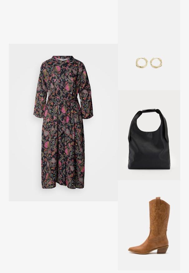 Juostinė gėlėta suknelė juodos spalvos, su ilgomis rankovėmis, sagčių priekine dalimi ir atitinkamu diržu. Audinys turi glotnią tekstūrą ir ryškias spalvas.; Ruda odinė kantri batai su smailiu būtų pirštu, siuvinėtais spiralės raštais ant viršaus ir su kamščiu blokuotu kulnu. Yra tamprių užtraukių, kad būtų lengviau užsidėti.; Juoda odinė hobo tipo rankinė su viena minkšta, apvalia rankena; pasižymi lygiu paviršiumi ir minimalizmu. Nėra matomų detalių ar akcentų.; Aukso žiedo auskarai su tekstūruotu, netaisyklingu paviršiumi. Yra be siūlių užsegimas ir poliruotas paviršius, akcentuojantis modernų dizainą.