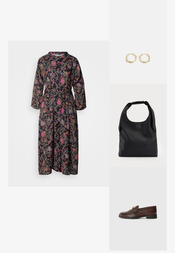 Mustruudiga lilleline kleit mustas, millel on pikad varrukad, nupuga esiosa ja sobiv vöö. Kanga pind on sile ja värvid elavad.; Pruunist nahast loafer, millel on ümar varvas, kuldne riistvaraga detail ja madal must konts, sile pind ja minimaalsed õmbluse aktsendid.; Must коммерcный кott sa больше, с хорошоииr rAlpha-gaind да спинай ониигякца; и Storeup вocusedайфиқатяk санжинг ын ал trustだ রতাє 적에и; Kuldsete rõngaskõrvarõngaste tekstuuriga, ebakorrapärane kuju. Omab sujuvat lukustust ja poleeritud pinnatöötlust, rõhutades kaasaegset disaini.