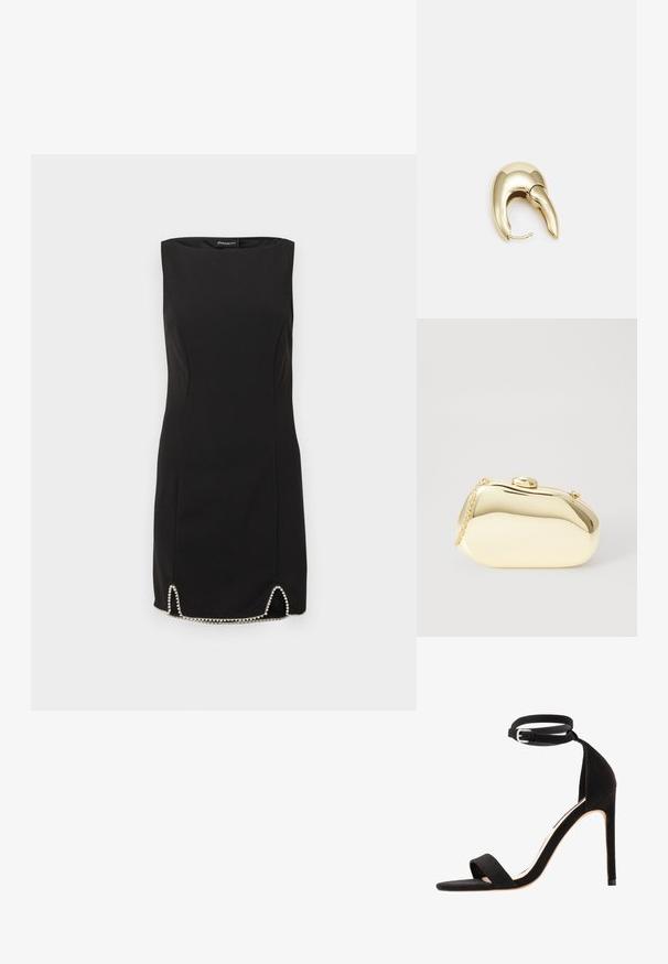 Black sleeveless dress featuring a straight design, textured fabric, and a bead-embellished hemline with side slits.; Black suede high-heeled sandals with a simple strap design, open toe, and ankle strap featuring a silver buckle.; Metallic gold clutch with a smooth, rounded shape, featuring a top button clasp and a small chain strap for carrying.; Gold-tone metal earring with a sleek, curved design. Features a distinctive pointed shape, polished surface, and hinge closure.
