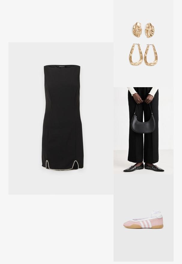 Vestido preto sem mangas com design reto, tecido texturizado e bainha com pedraria e fendas laterais.; adidas Originals TAEKWONDO MEI BALLET - Sapatilhas - clear pink/ftwr white/gum; Bolsa de ombro de couro preta com forma arredondada, acabamento brilhante e ferragens prateadas. Pessoa vestindo calças largas pretas e mocassins com tachas.; Brincos em tom de ouro com formas onduladas e texturizadas. Inclui studs escultóricos com presilha e um design de argola aberta com um acabamento martelado.