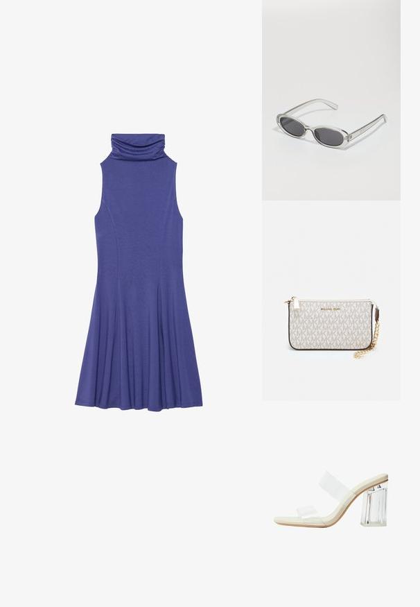 Robe sans manches violette avec un col drapé, un corsage ajusté et une jupe évasée. Fabriquée à partir d'un tissu doux et texturé avec une finition lisse.; Sandales à talons transparents avec des brides transparentes, une semelle de couleur beige et un gros talon en acrylique transparent. Design épuré et lisse avec une esthétique minimaliste.; Lunettes de soleil de forme ovale, monture en plastique transparent, verres gris foncé et branches transparentes fines avec des accents de logo et un minimalisme dans les détails.; Porte-monnaie Michael Kors en toile enduite beige avec un motif répété de logo MK, des accessoires en or et une bandoulière en chaîne amovible.