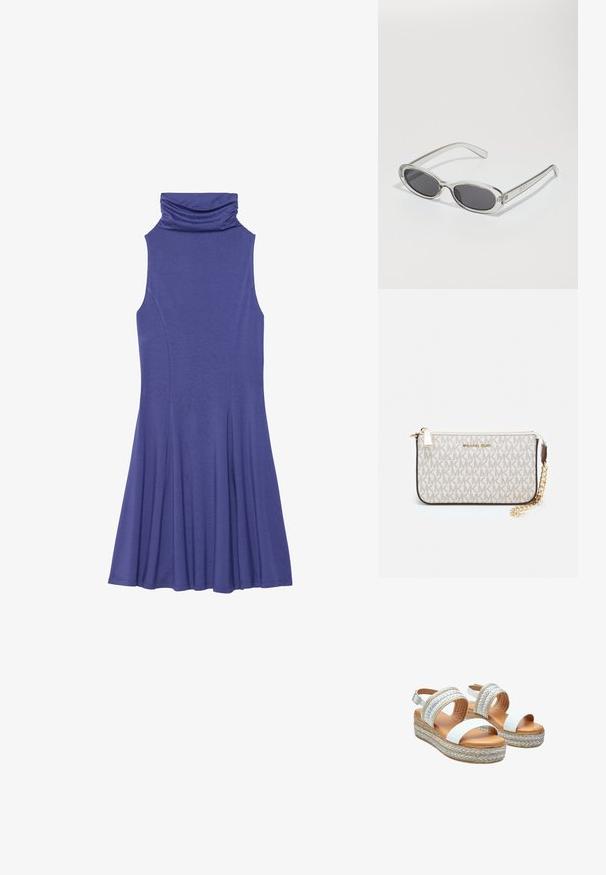 Bezramienkov dress v fialovej farbe s prehnutým výstrihom, priliehavým telom a rozšírenou sukňou. Vyrobené z mäkkej, textúrovanej tkaniny s hladkým povrchom.; Biele platformové sandále s pletenými jute akcentmi, nastaviteľným remienkom na členku a hladkým vrchom pripomínajúcim kožu. Béžová polstrovaná stielka.; Slnečné okuliare oválneho tvaru, s priehľadným plastovým rámom, tmavošedými šošovkami a tenkými priehľadnými ramienkami s logovými akcentmi a minimálnym detailovaním.; Michael Kors zápästná taška v béžovej potiahnutej plátenej tkanine s opakujúcim sa vzorom loga MK, zlatým kovania a odnímateľným reťazovým popruhom.