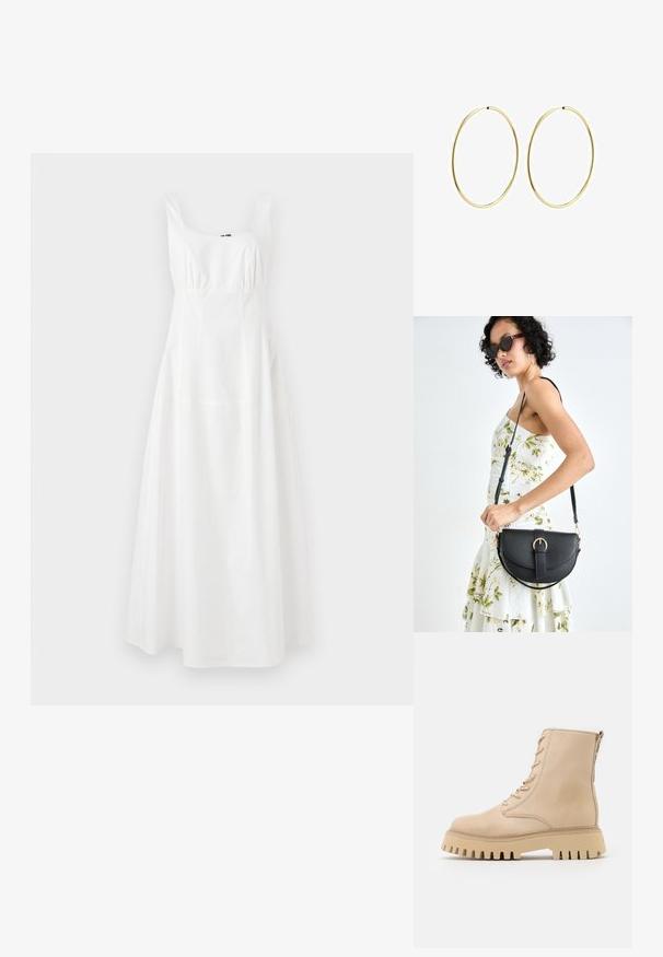 Valkoinen hihaton mekko, jossa on neliön muotoinen pääntie, vyötärö on kiristetty ja helma on liehuva. Valmistettu sileästä kankaasta, sisältäen yksinkertaisen ja tyylikkään suunnittelun.; Beige nahkatossut nilkkamittaisilla saumoilla, joissa on pyöreä nyrkkipohja, etupuolen nauhat ja sivuvetoketju, sekä tukevat, sahalaitaiset pohjat.; Musta nahkainen käsilaukku, joka on kaareva muotoilultaan, irrotettavalla hihnalla ja kultaisilla yksityiskohdilla. Laukussa on läppä, jossa on solk yksityiskohta.; Kultaiset rengaskorvakorut, joissa on sileä ja pyöristetty muotoilu. Ohuet ja kevyet, sisältäen jatkuvan lenkin ilman mitään koristeita.