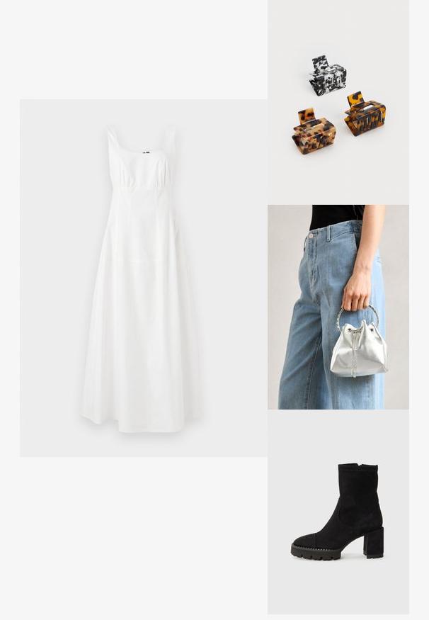 Valge ilma varrukateta kleit ruudukujulise dekolteega, vöökoht on rõhutatud ning seelik on laienev. Valmistatud siledast kangast, omab lihtsat ja elegantset disaini.; Mustad musta värvi nahast ankle boots, millel on ruudukujuline varvas, paks konts ja tekstuuriga kummist tald, mis on kaunistatud siksakmustritega. Sile viimistlus.; Metallik hõbedane ämbritask, millel on tekstuurne viimistlus, kaunistatud hõbeda ümmarguse käepideme ja tõmbluku sulgemisega, hoituna helesiniste teksade vastu.; Kolm juukseklambrit: üks must-valge marmoriga, kaks kilpkonnakuulist pruunides ja mustades toonides, kõik läikivast plastist ja tekstureeritud pinnaga.