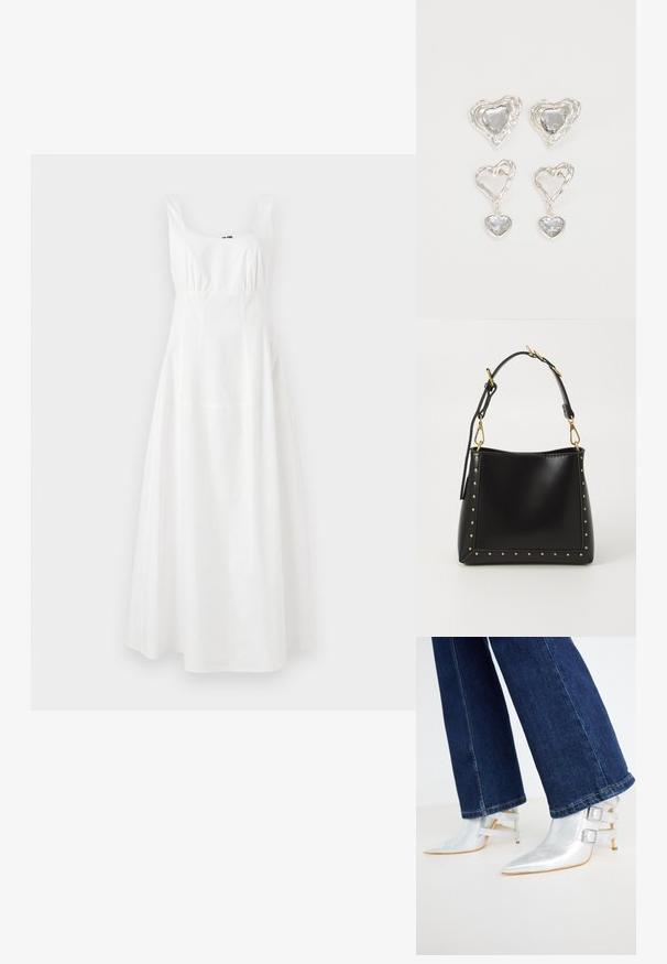 Balta be rankovių suknelė su kvadratine iškirpte, suspaustu liemeniu ir platėjančia sijona. Pagaminta iš lygios medžiagos, pasižymi paprastu, elegantišku dizainu.; Sidabriniai, metaliniai kulkšnės batai su smailiu pirštu ir dviem sagtimis. Dėvimi su tamsiai mėlynu, šiek tiek platėjančiu džinsiniu kelnių. ; Juodas odinis rankinės su griežtu pavidalu, su auksiniais kalnų taškeliais aplink kraštus ir nuimamu diržu su auksinėmis detalėmis.; Sidabrinės širdelės formos auskarai puošti facetuotais skaidriais akmenimis, su tekstūruotu rėmu. Rinkinį sudaro tiek auskarai-stud, tiek kabančios formos.