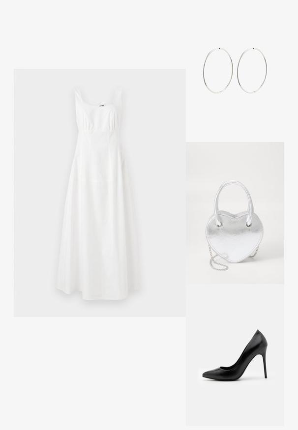 Balta bezpiedurkņu kleita ar kvadrātveida dekoltē, pagarinātu jostas vietu un plandošu svārku. Izgatavota no gludas auduma, ar vienkāršu, elegantu dizainu.; Melna ādas augsta papēža kurpe ar smailu purngalu un gludu tekstūru. Iespējas ietver šauru stilletu papēdi un zemu griezuma vamp dizainu.; Sudraba metāla sirds formas soma ar divām rokturēm, ķēdes siksnu un gludu faktūru. Iespējas ietver metāla furnitūru un izšūtas malas.; Sudraba riņķa auskari ar gludu, apaļu dizainu un pulētu apdari. Tie ir plāni un viegli, ar vienkāršu aizdari.