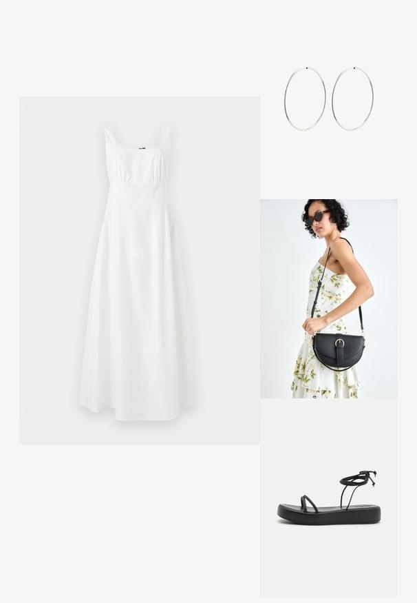 Valkoinen hihaton mekko, jossa on neliön muotoinen pääntie, vyötärö on kiristetty ja helma on liehuva. Valmistettu sileästä kankaasta, sisältäen yksinkertaisen ja tyylikkään suunnittelun.; Musta litteä sandaalit, joissa on leveä pohja, ohuet hihnat ja säädettävä solki nilkassa. Sileä pinta ja minimalistinen muotoilu.; Musta nahkainen käsilaukku, joka on kaareva muotoilultaan, irrotettavalla hihnalla ja kultaisilla yksityiskohdilla. Laukussa on läppä, jossa on solk yksityiskohta.; Hope hopeita hopeita, joissa on sileä, pyöreä muoto ja kiiltävä pinta. Ne ovat ohuita ja kevyitä, ja niissä on yksinkertainen lukitus.
