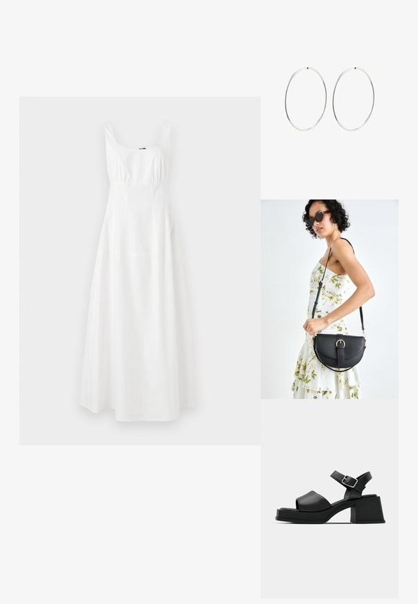 Balta be rankovių suknelė su kvadratine iškirpte, suspaustu liemeniu ir platėjančia sijona. Pagaminta iš lygios medžiagos, pasižymi paprastu, elegantišku dizainu.; Juodi odiniai platforminiai sandalai su atvira pirštu, kulkšnies dirželiu ir storiu kvadratiniu kulnu. Lygus paviršius ir minimalistinis dizainas.; Juodas odinis krepšys su išlenkta forma, nuimamu dirželiu ir auksiniais detalėmis. Krepšys turi kilpą su sagtimi.; Sidabriniai auskarai-žiedai su lygiu, apvaliu dizainu ir blizgiu paviršiumi. Jie yra ploni ir lengvi, turintys paprastą užsegimą.