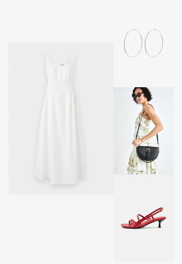 Biela šatka bez rukávov so štvorcovým výstrihom, sťahovaným pásom a rozšírenou sukňou. Vyrobená z hladkej tkaniny, s jednoduchým a elegantným dizajnom.; Červené sandále na popruhoch s úzkym vysokým podpätkom. Vrchná časť je vyrobená z hladkého materiálu s plochou podrážkou a so zapínaním okolo členku pre lepšiu oporu.; Čierna kožená kabelka s zaobleným tvarom, odnímateľným popruhom a zlatými doplnkami. Kabelka má klopu s detailom s prackou.; Strieborné kruhové náušnice s hladkým, okrúhlym dizajnom a lesklým povrchom. Sú tenké a ľahké, s jednoduchým uzáverom.