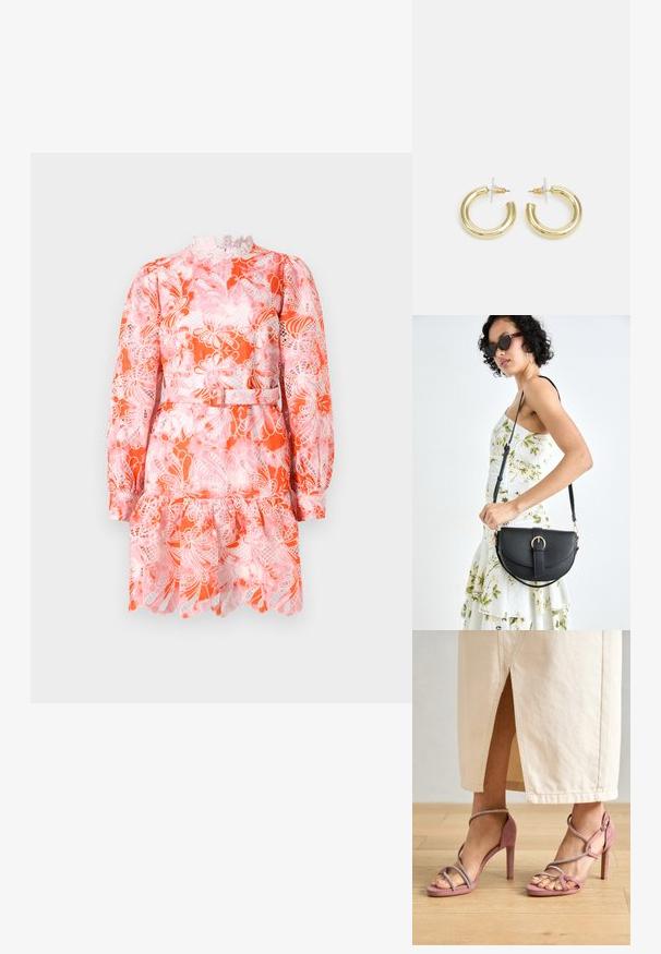 Lühikeste varrukatega kleit oranži ja roosa lillemustriga, pitsist krae, volangidega hem ja kinnitatud talje vöödetailiga.; Roosa nahast kõrge kontsaga sandaalid ristkülikukujuliste rihmade ja hõbedaste kaunistustega, avatud varvaste disainiga ja tekstureeritud pinnaga.; Mustmust mustraha kõverate joontega, eemaldatava rihmaga ja kuldsete detailidega. Kotil on klapp, millel on pandladetail.; Kuldne rõngassõrmused sileda ja läikiva viimistlusega. Ringikujuline disain, millel on väike post ja selge tagumine külg, et tagada kindel kandmine.