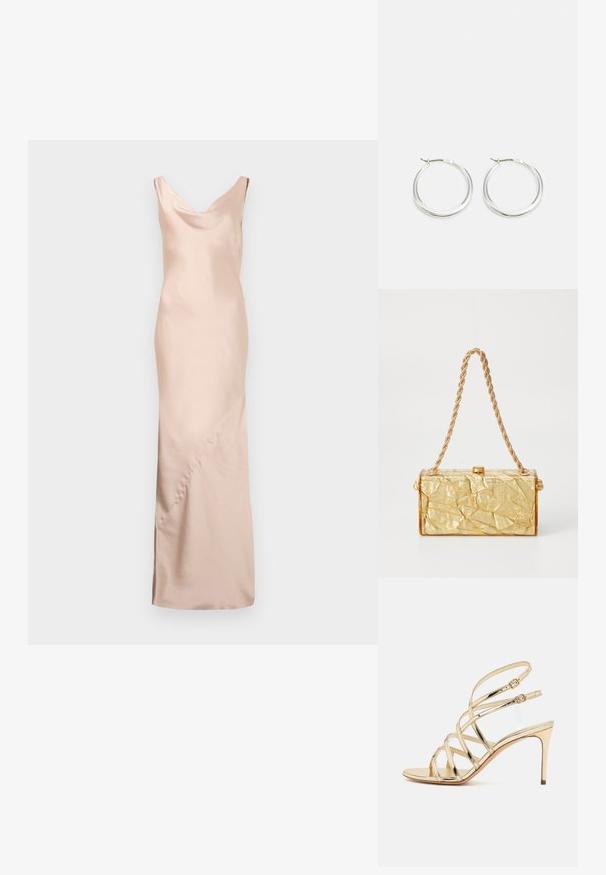 Vestido largo sin mangas en satén beige claro. Presenta un escote en V y un diseño sin costuras con drapeado sutil y detalles de costura.; Casadei JULIA INTERSTELLAR - Sandalias de tacón - glass/platino; Bolso de mano con textura arrugada en dorado, de forma rectangular, con una correa de cadena y cierre de broche en la parte superior. Acabado suave y brillante.; Los pendientes de aro de plata presentan un diseño suave y redondeado con un perfil delgado y un cierre seguro. Estilo minimalista con un acabado pulido.